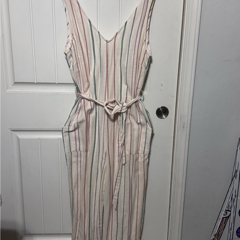 Striped V-Neck Sleeveless Belted Jumpsuit - Cream with Pastel Stripes